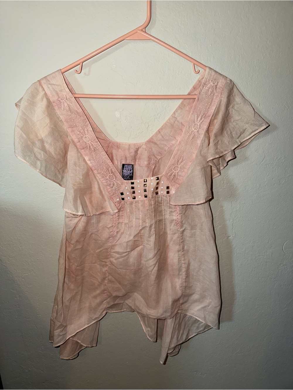 Free People Pale Pink Flutter Sleeve Blouse with Stud Accents and embroidery
